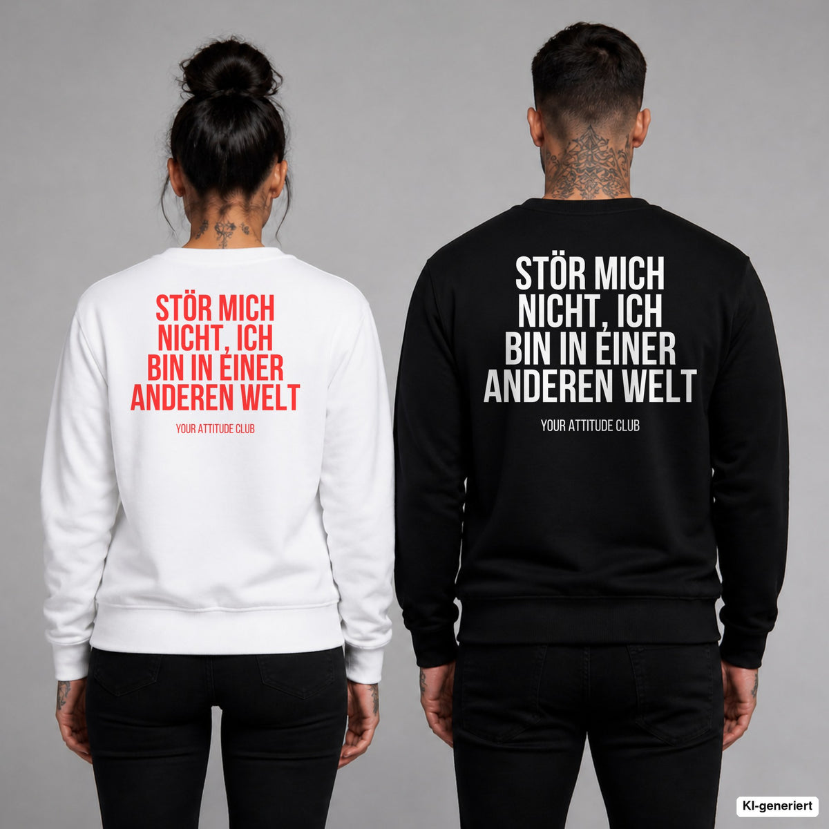 Stör mich nicht, ich bin in einer anderen Welt – Pullover mit Backprint, Frau in Weiß mit rotem und Mann in Schwarz mit weißem Aufdruck