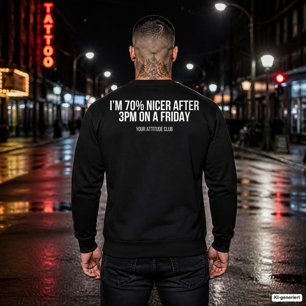 I’m 70% nicer after 3pm on a friday – schwarzer Pullover mit weißem Backprint, Herren in der Stadt bei Nacht