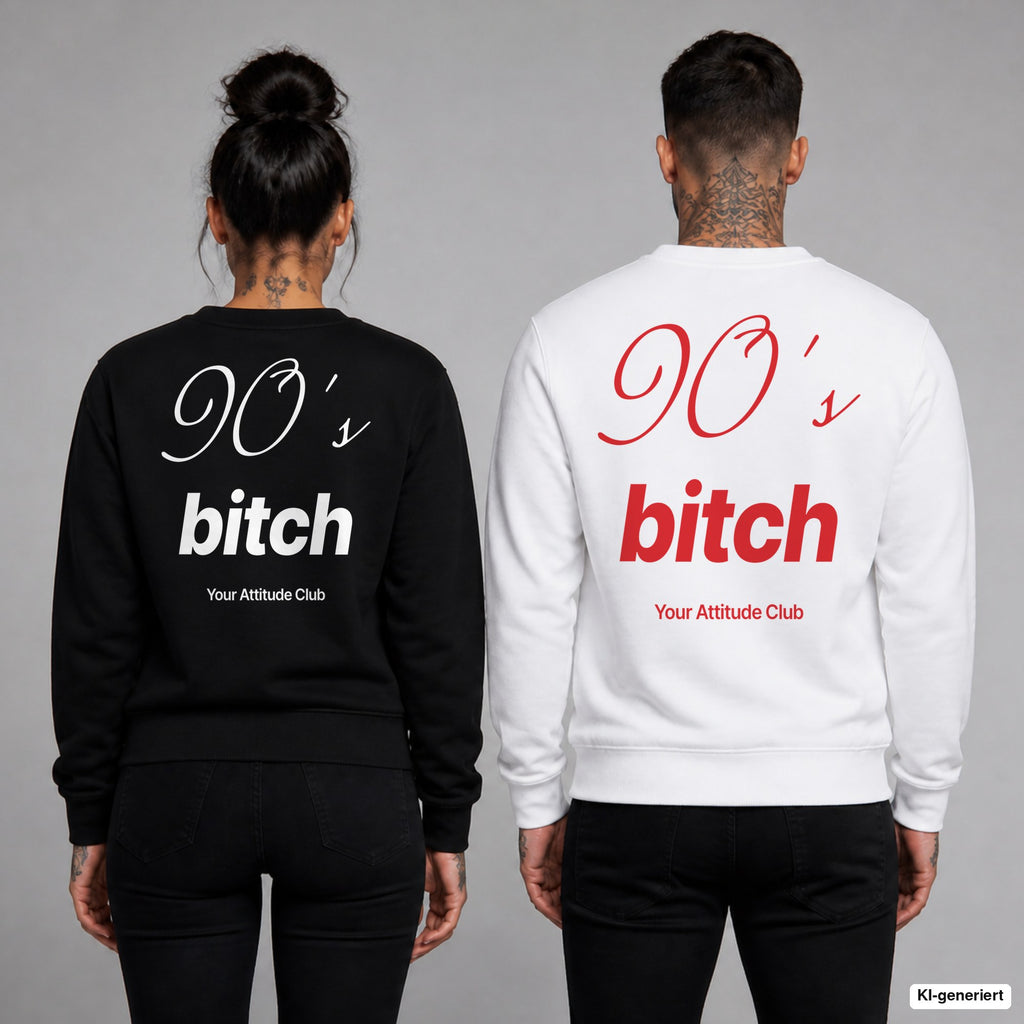 90’s bitch – Pullover mit Backprint, Frau in Schwarz und Mann in Weiß