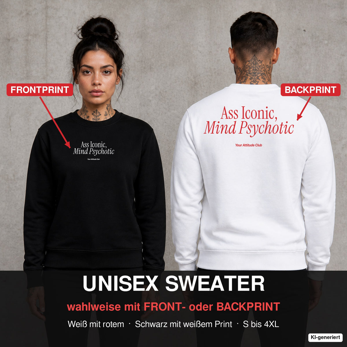 Ass iconic, mind psychotic – Pullover wahlweise mit Front- oder Backprint, Paar vor Betonwand