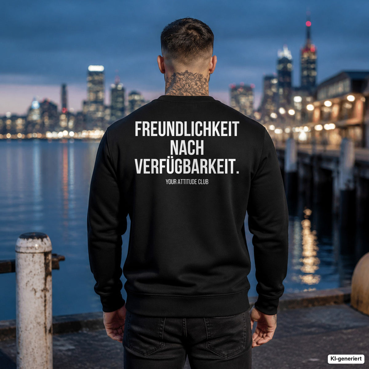 FREUNDLICHKEIT NACH VERFÜGBARKEIT. – schwarzer Pullover mit weißem Backprint, Herren am Hafen