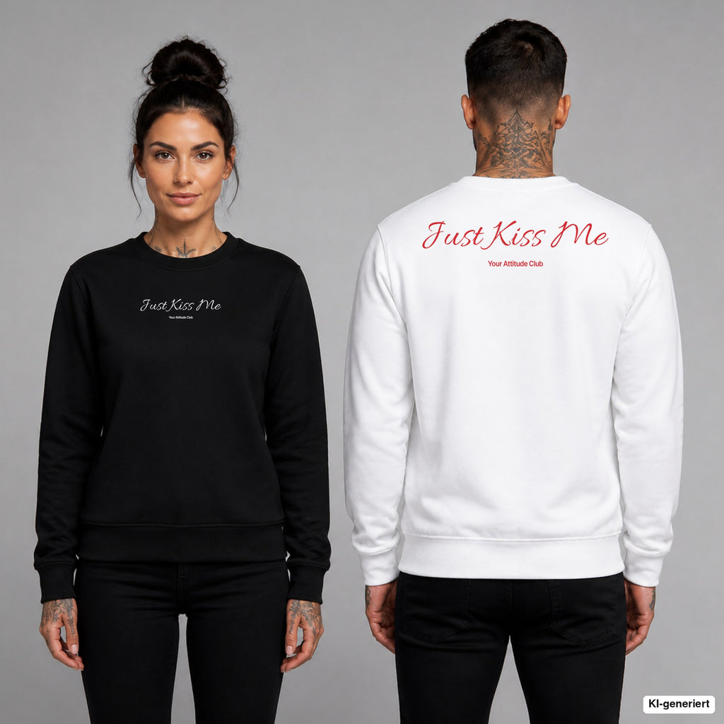 Just kiss me – Pullover unisex mit Frontprint (Frau, Schwarz) und Backprint (Mann, Weiß)