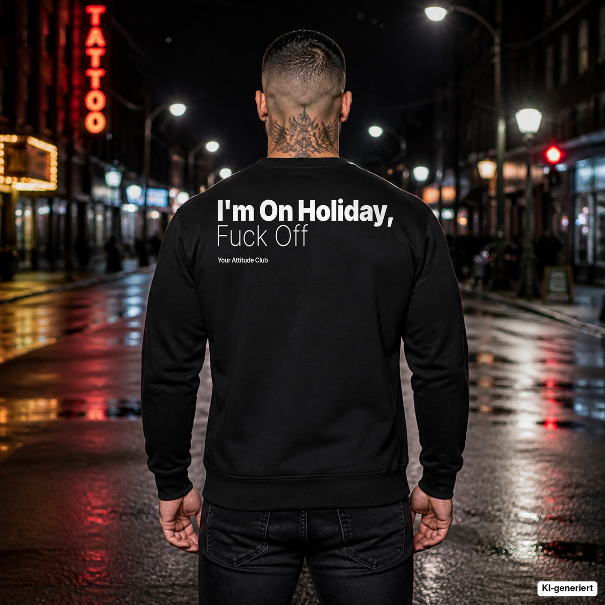 I’m on holiday, fuck off – schwarzer Pullover mit weißem Backprint, Herren in der Stadt bei Nacht