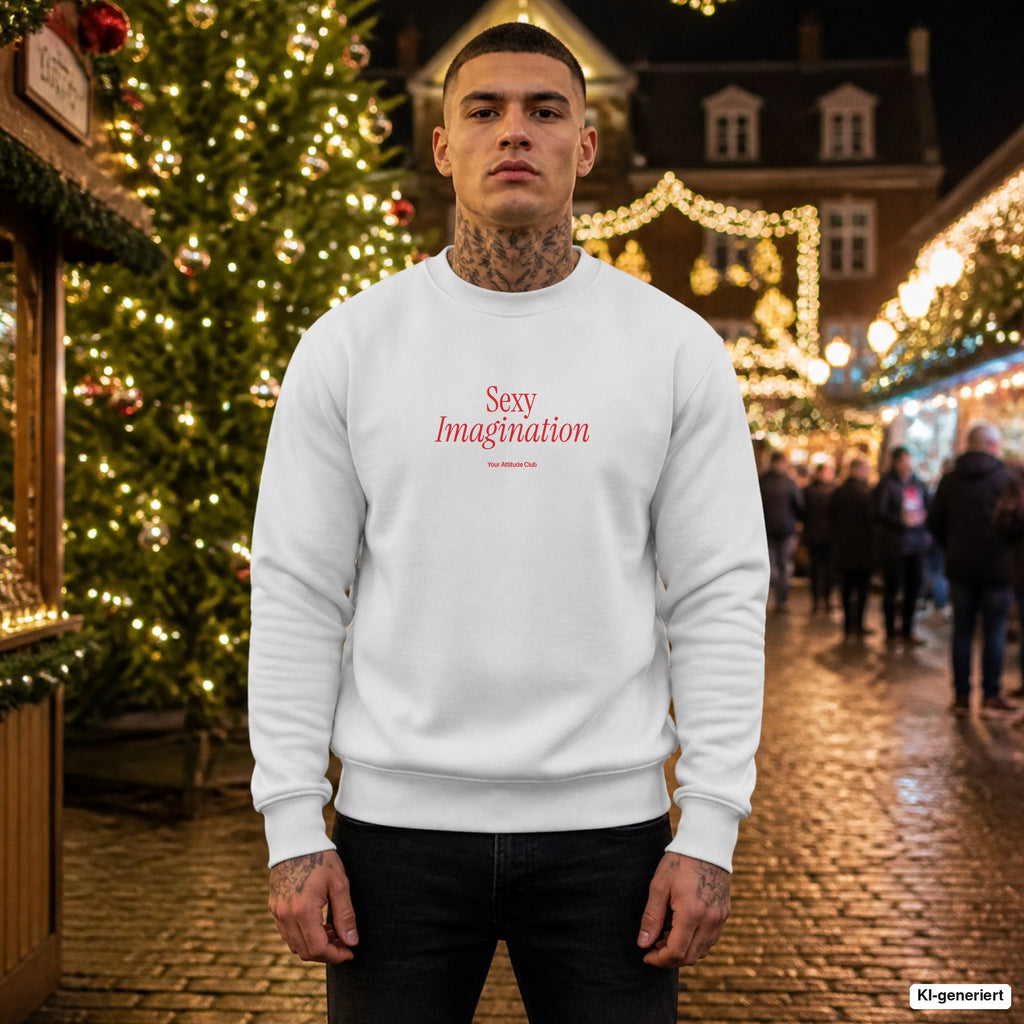 Sexy imagination – weißer Pullover mit rotem Frontprint, Herren auf dem Weihnachtsmarkt
