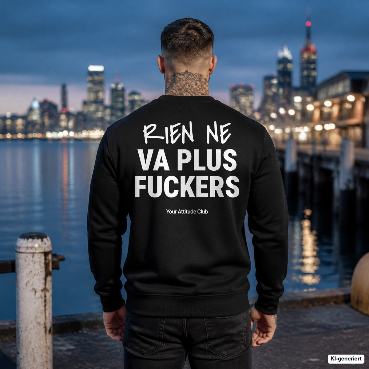Rien ne va plus, fuckers – schwarzer Pullover mit weißem Backprint, Herren am Hafen