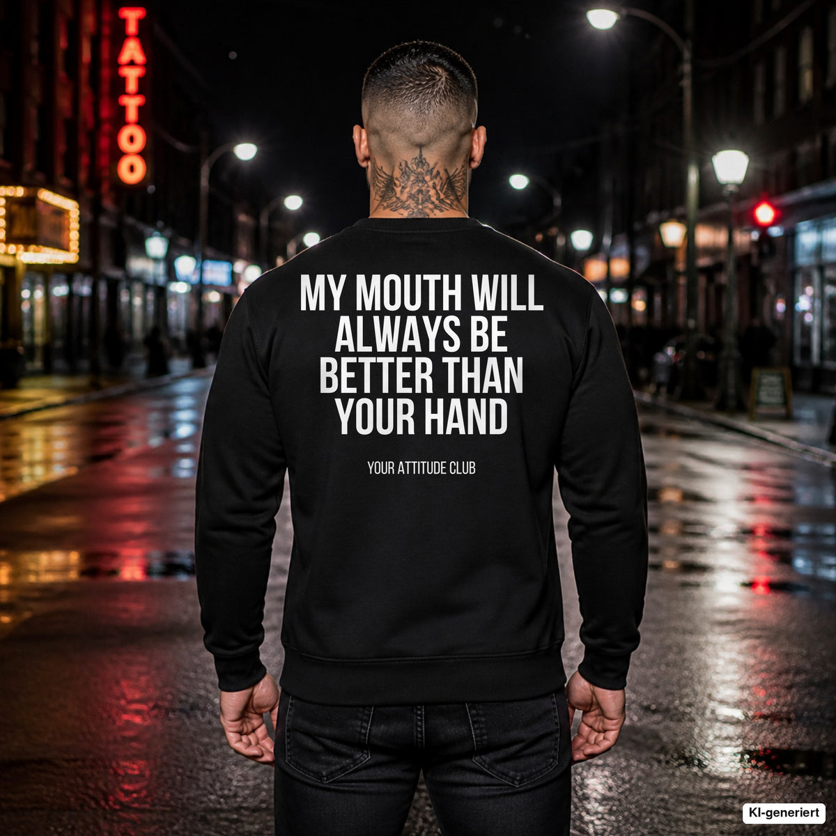 My mouth will always be better than your hand – schwarzer Pullover mit weißem Backprint, Herren in der Stadt bei Nacht