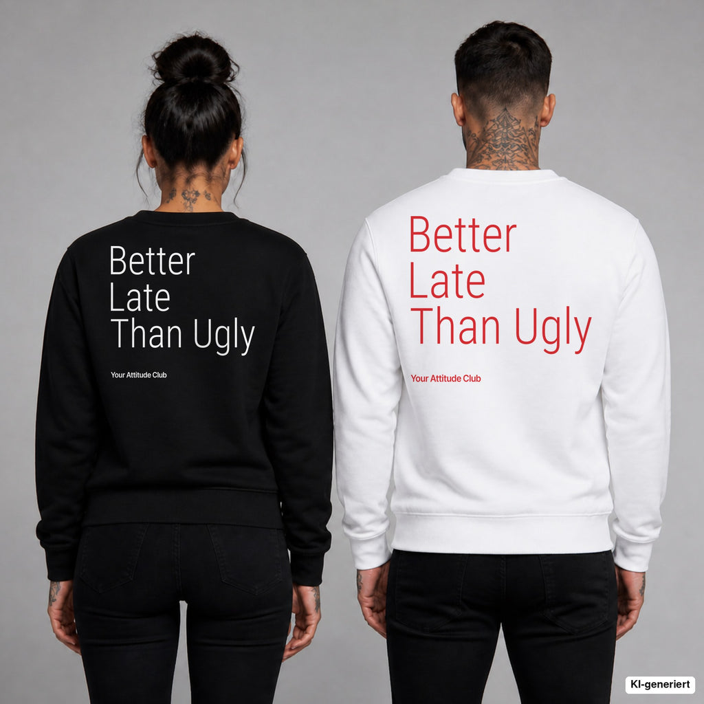 Better late than ugly – Pullover mit Backprint, Frau in Schwarz und Mann in Weiß