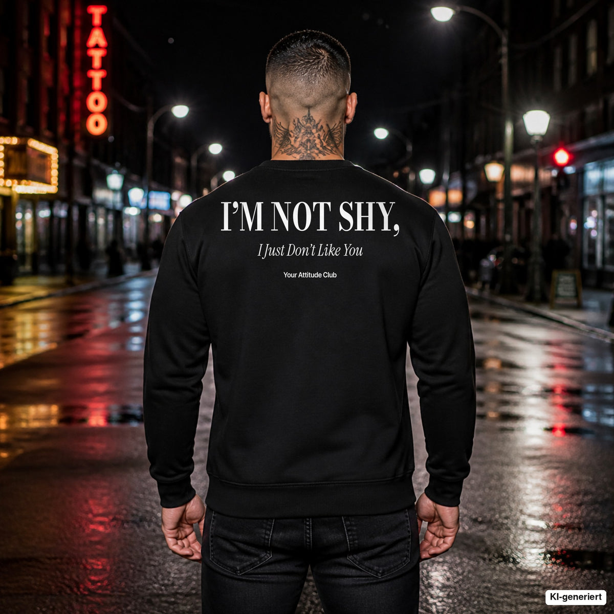 I’m not shy, I just don’t like you – schwarzer Pullover mit weißem Backprint, Herren in der Stadt bei Nacht