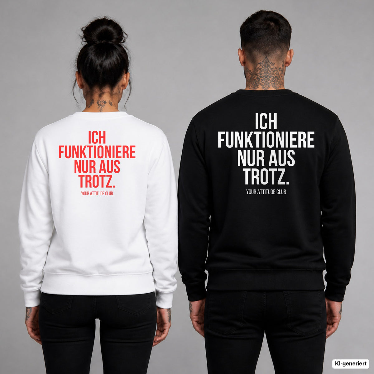 Ich funktioniere nur aus Trotz – Pullover mit Backprint, Frau in Weiß mit rotem und Mann in Schwarz mit weißem Aufdruck