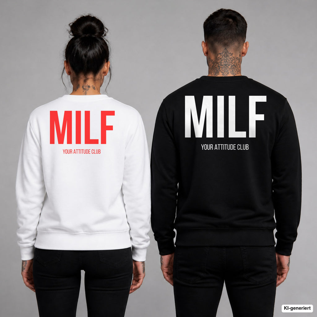 MILF – Pullover mit Backprint, Frau in Weiß mit rotem und Mann in Schwarz mit weißem Aufdruck