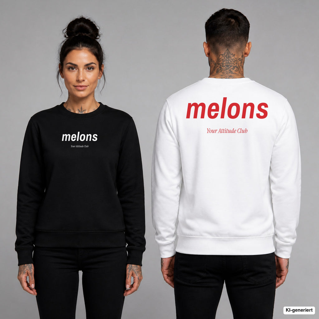 Melons – Pullover unisex mit Frontprint (Frau, Schwarz) und Backprint (Mann, Weiß)