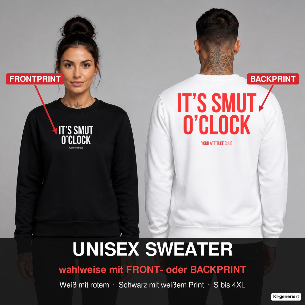 IT’S SMUT O’CLOCK – Pullover wahlweise mit Frontprint oder Backprint – Frau vorne in Schwarz, Mann hinten in Weiß