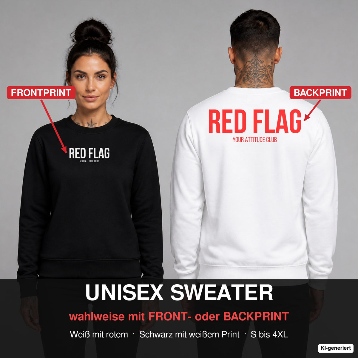 RED FLAG – Pullover wahlweise mit Frontprint oder Backprint – Frau vorne in Schwarz, Mann hinten in Weiß