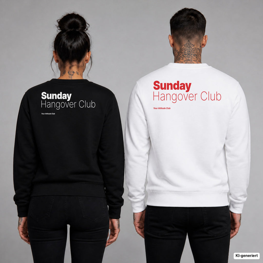 Sunday hangover club – Pullover mit Backprint, Frau in Schwarz und Mann in Weiß