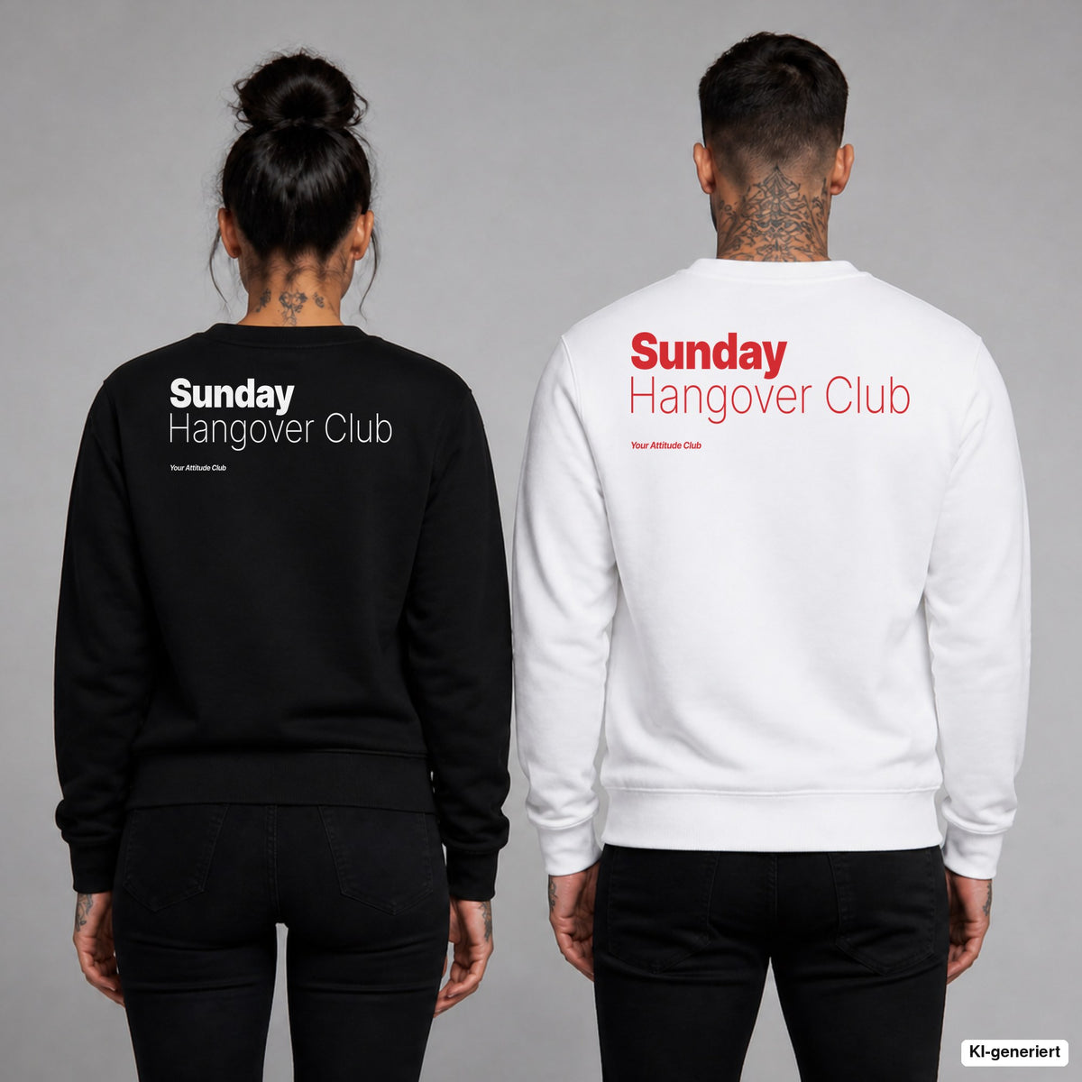 Sunday hangover club – Pullover mit Backprint, Frau in Schwarz und Mann in Weiß