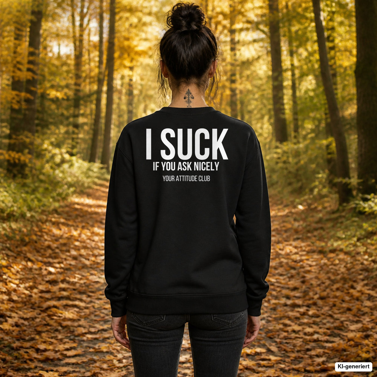 I suck if you ask nicely – schwarzer Pullover mit weißem Backprint, Damen beim Herbstspaziergang