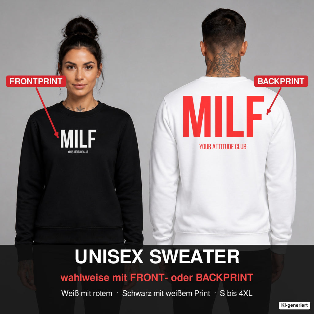 MILF – Pullover wahlweise mit Frontprint oder Backprint – Frau vorne in Schwarz, Mann hinten in Weiß