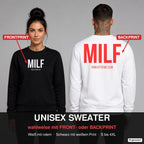 MILF – Pullover wahlweise mit Frontprint oder Backprint – Frau vorne in Schwarz, Mann hinten in Weiß