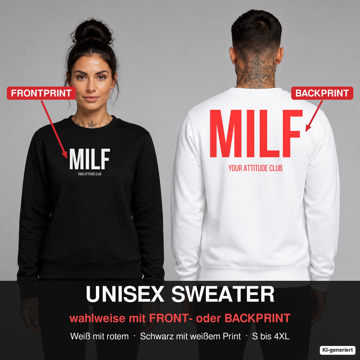 MILF – Pullover wahlweise mit Frontprint oder Backprint – Frau vorne in Schwarz, Mann hinten in Weiß
