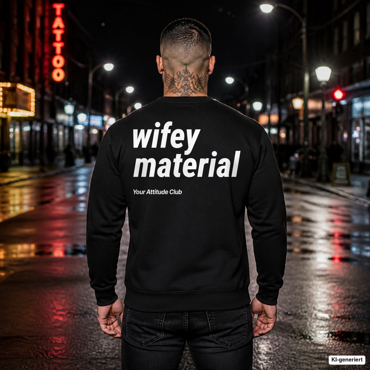 Wifey material – schwarzer Pullover mit weißem Backprint, Herren in der Stadt bei Nacht