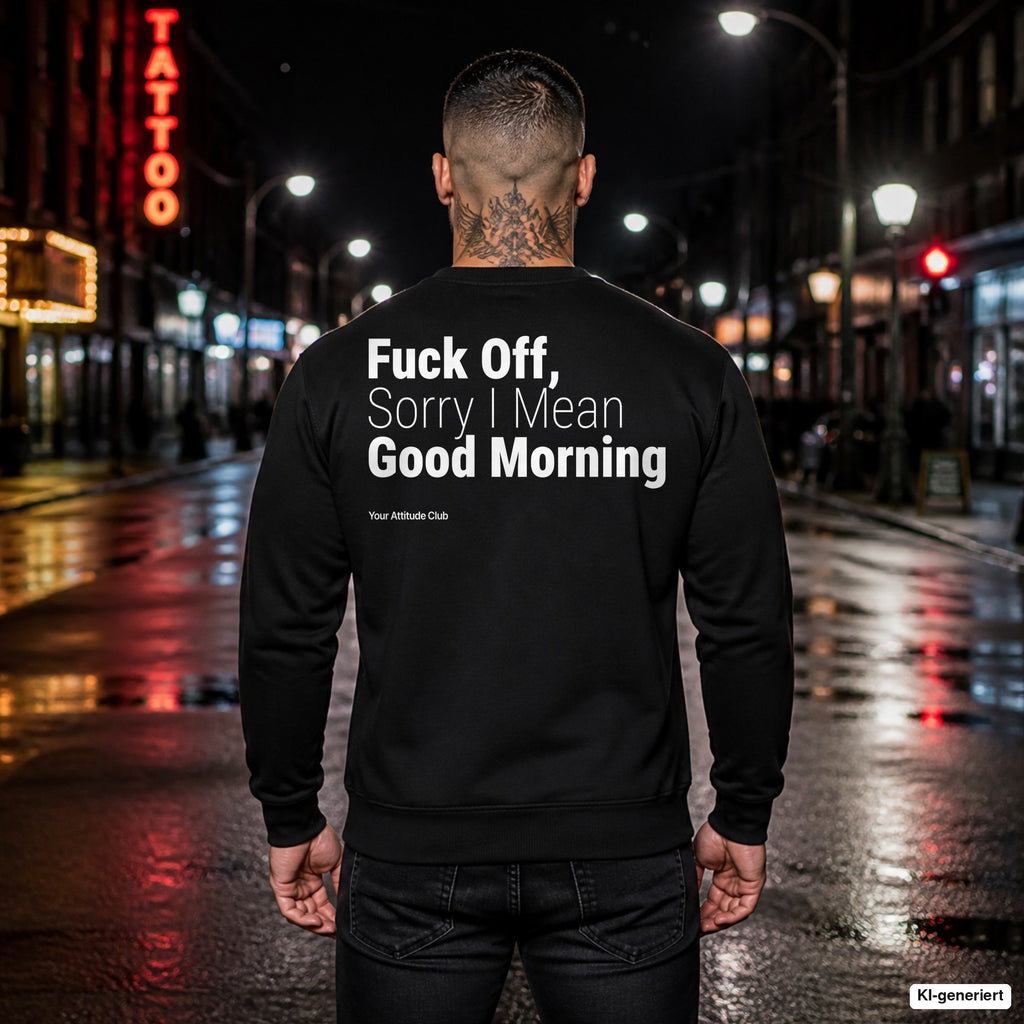 Fuck off, sorry I mean good morning – schwarzer Pullover mit weißem Backprint, Herren in der Stadt bei Nacht
