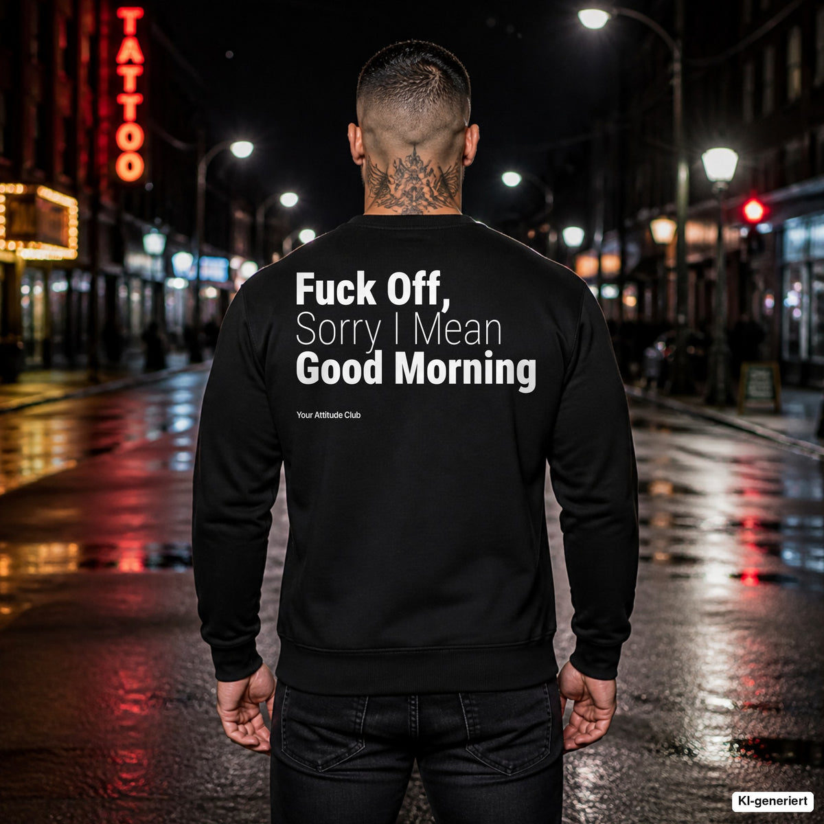 Fuck off, sorry I mean good morning – schwarzer Pullover mit weißem Backprint, Herren in der Stadt bei Nacht