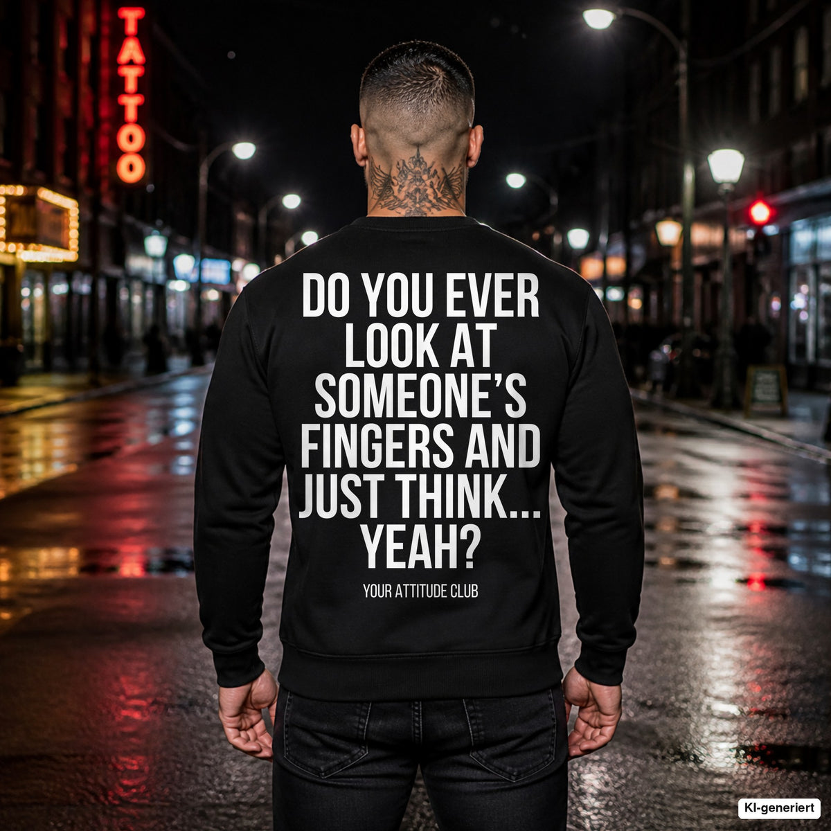 Do you ever look at someone’s fingers and just think... yeah – schwarzer Pullover mit weißem Backprint, Herren in der Stadt bei Nacht