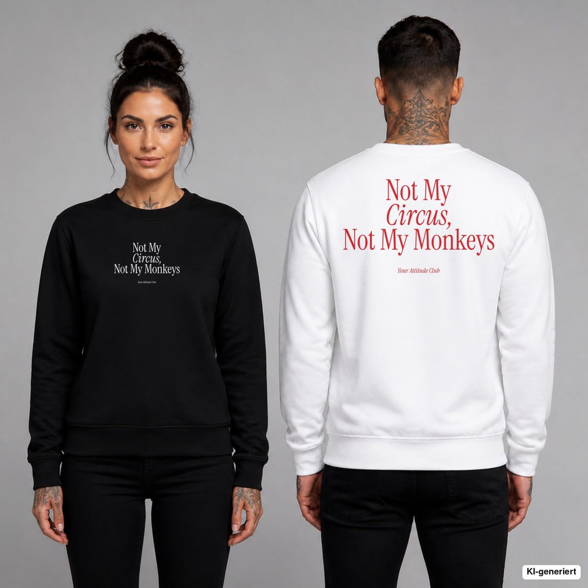 Not my circus, not my monkeys – Pullover unisex mit Frontprint (Frau, Schwarz) und Backprint (Mann, Weiß)
