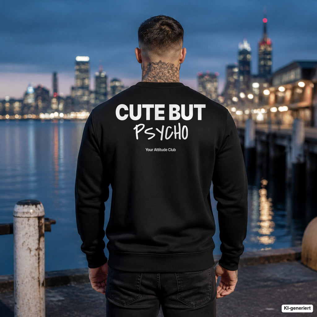Cute but psycho – schwarzer Pullover mit weißem Backprint, Herren am Hafen
