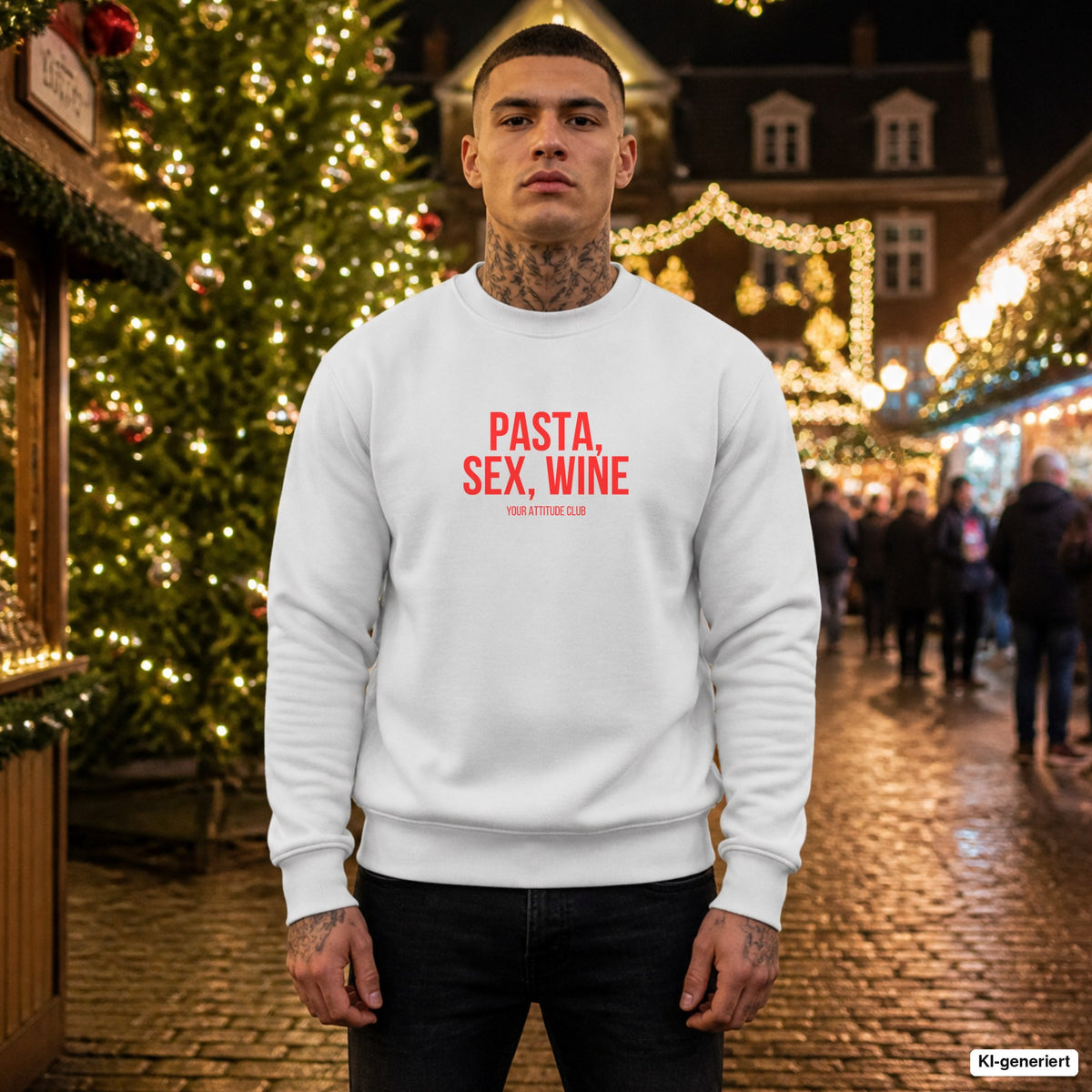 PASTA, SEX, WINE – weißer Pullover mit rotem Frontprint, Herren auf dem Weihnachtsmarkt