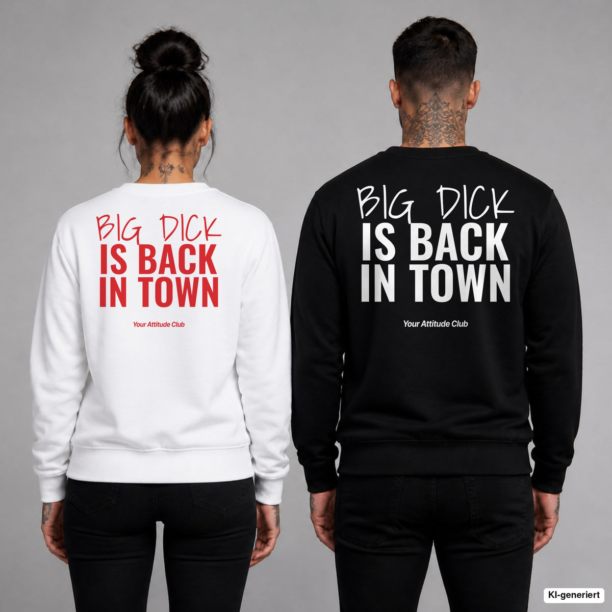 Big dick is back in town – Pullover mit Backprint, Frau in Weiß mit rotem und Mann in Schwarz mit weißem Aufdruck