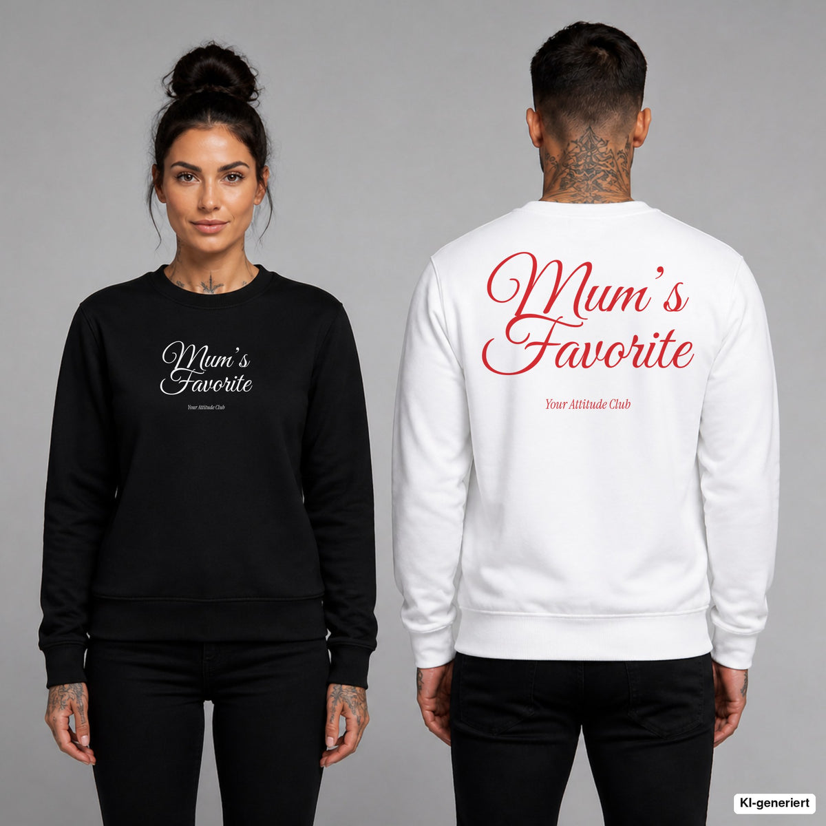 Mum’s favorite – Pullover unisex mit Frontprint (Frau, Schwarz) und Backprint (Mann, Weiß)