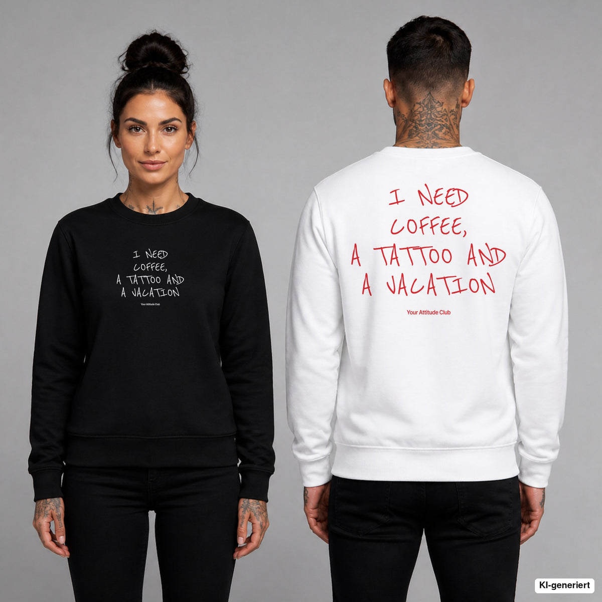 I need coffee, a tattoo and a vacation – Pullover unisex mit Frontprint (Frau, Schwarz) und Backprint (Mann, Weiß)