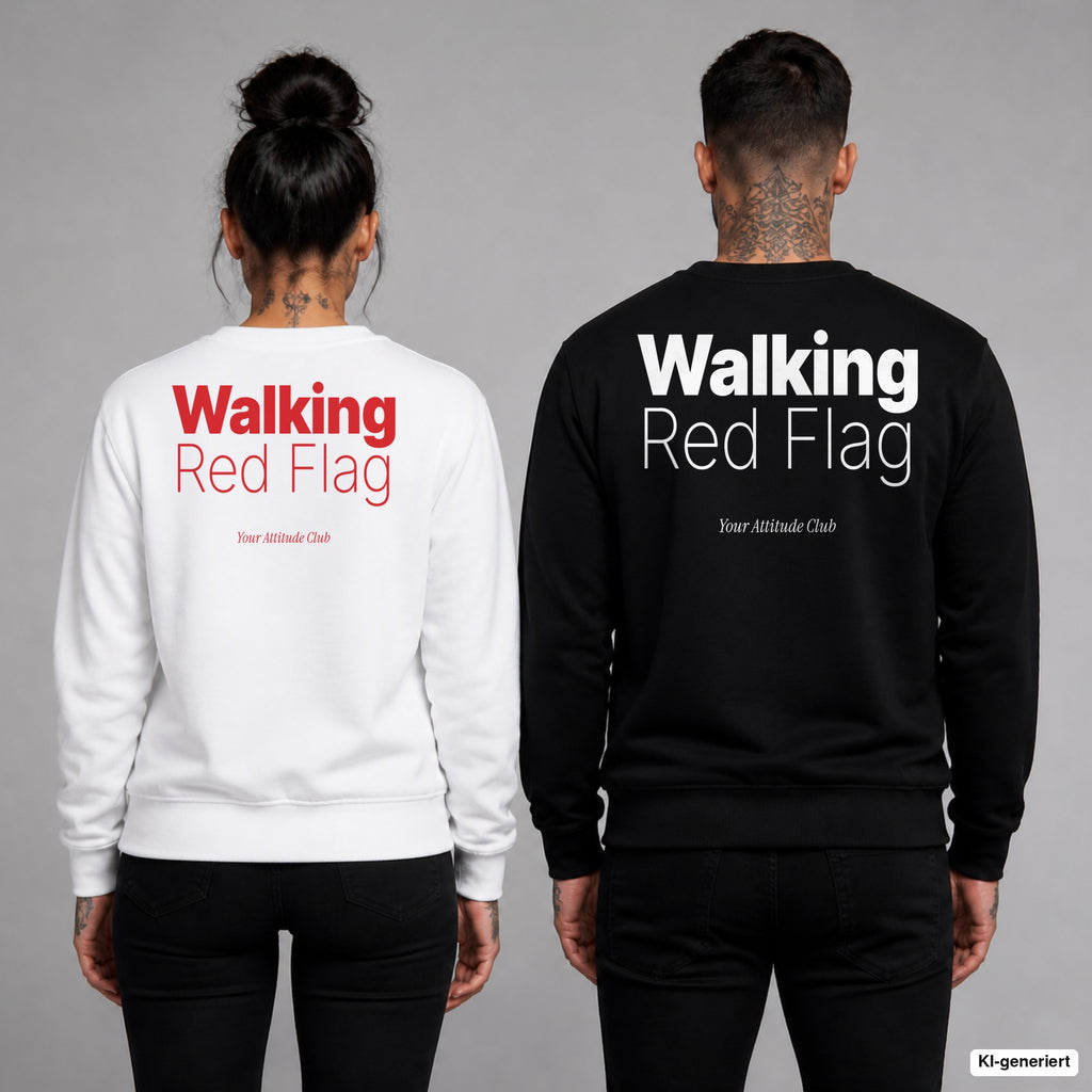 Walking red flag – Pullover mit Backprint, Frau in Weiß mit rotem und Mann in Schwarz mit weißem Aufdruck