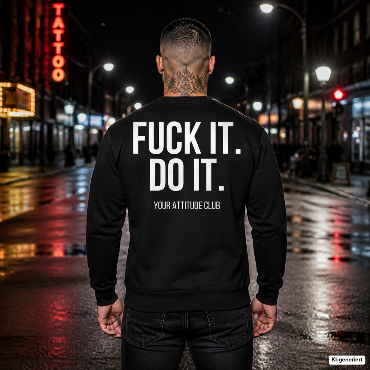 Fuck it. do it – schwarzer Pullover mit weißem Backprint, Herren in der Stadt bei Nacht