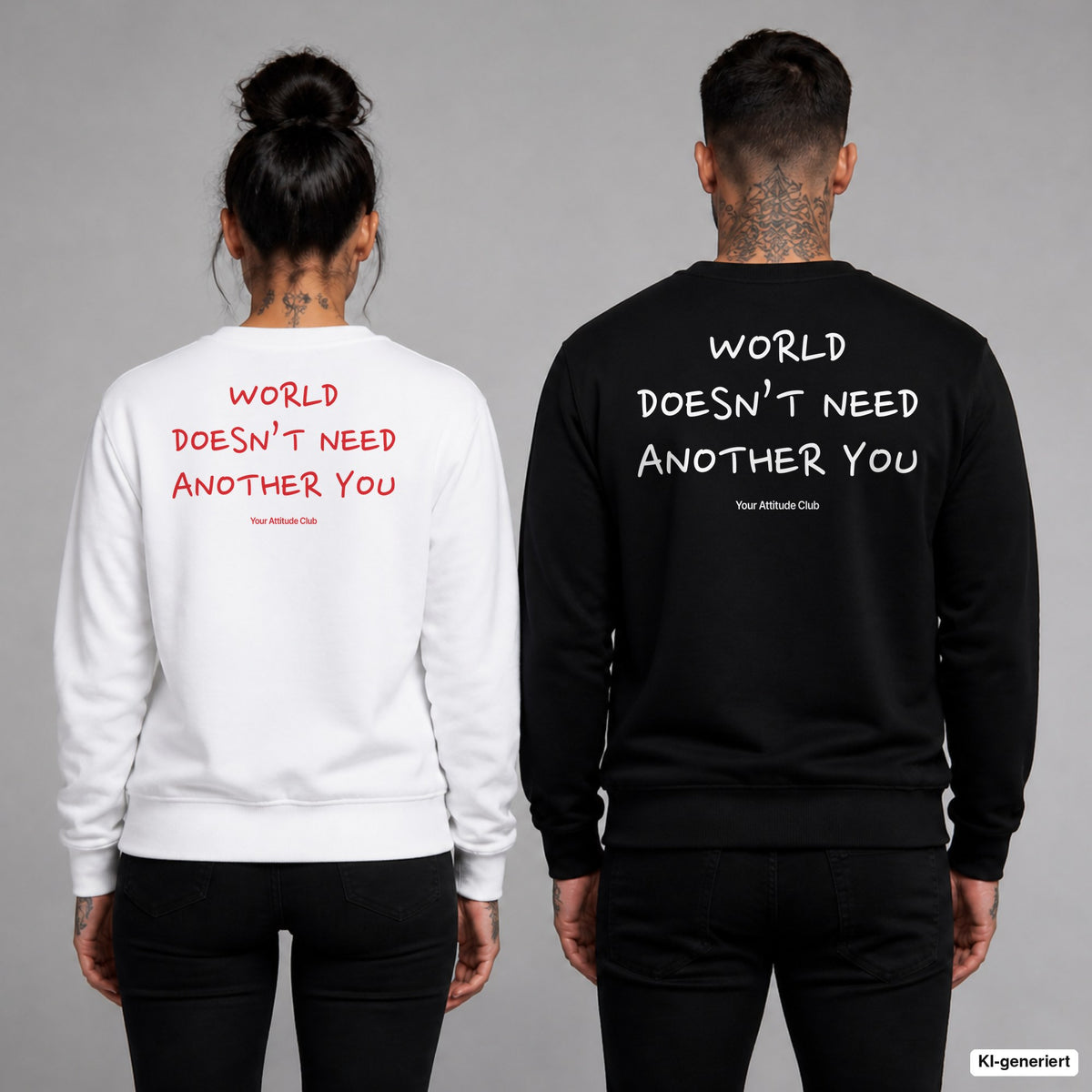 World doesn’t need another you – Pullover mit Backprint, Frau in Weiß mit rotem und Mann in Schwarz mit weißem Aufdruck