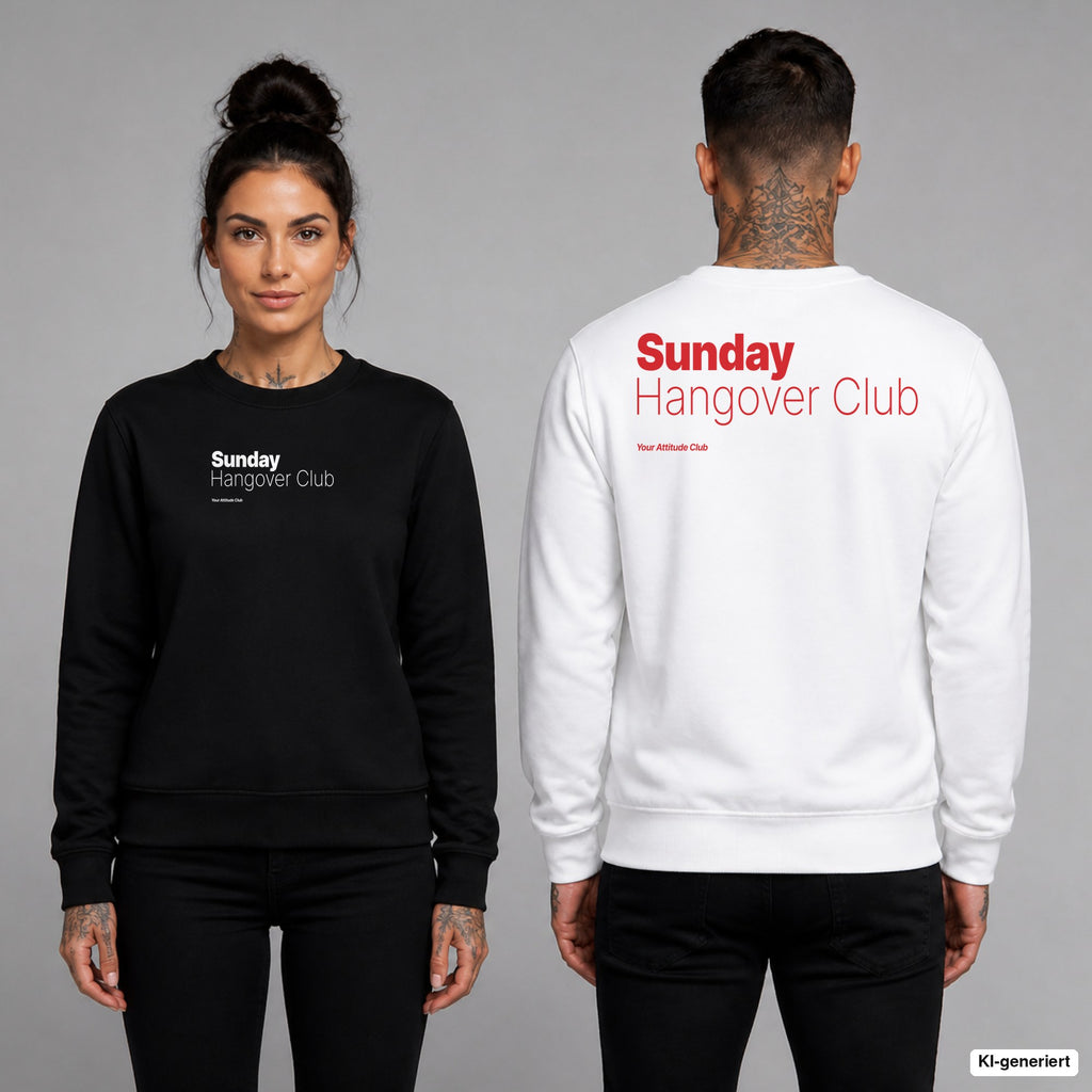 Sunday hangover club – Pullover unisex mit Frontprint (Frau, Schwarz) und Backprint (Mann, Weiß)