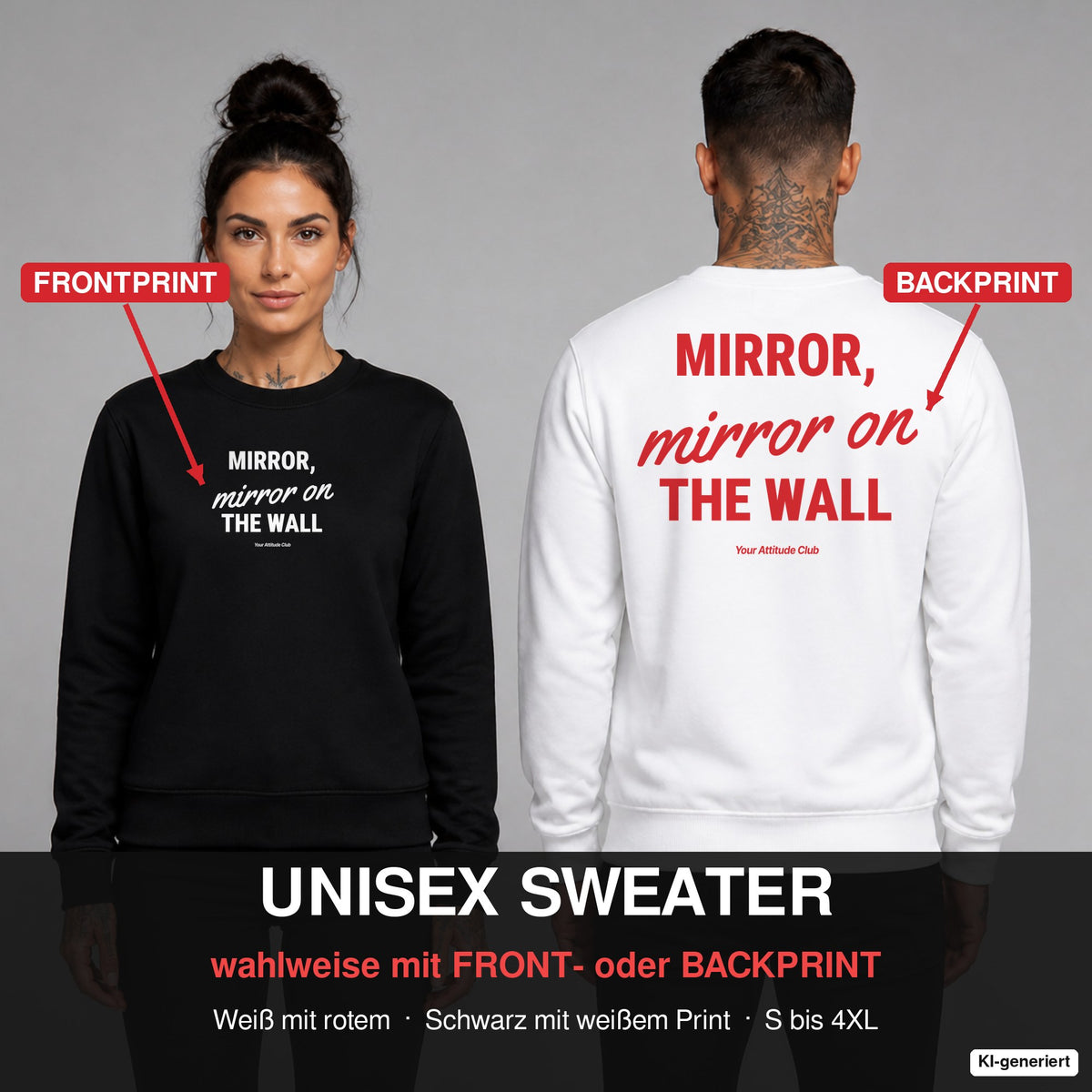 Mirror, mirror on the wall – Pullover wahlweise mit Frontprint oder Backprint – Frau vorne in Schwarz, Mann hinten in Weiß