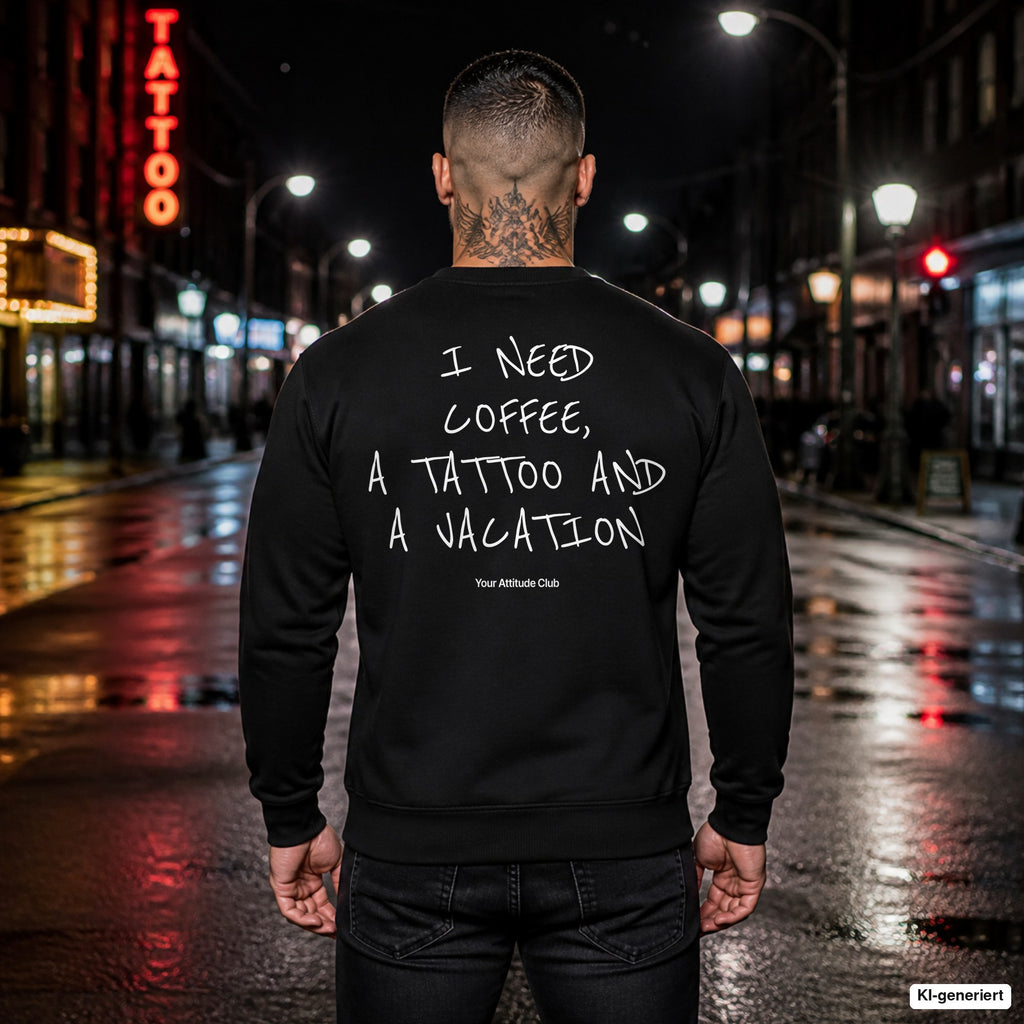 I need coffee, a tattoo and a vacation – schwarzer Pullover mit weißem Backprint, Herren in der Stadt bei Nacht