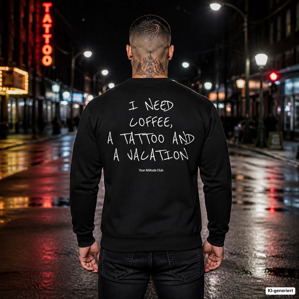 I need coffee, a tattoo and a vacation – schwarzer Pullover mit weißem Backprint, Herren in der Stadt bei Nacht