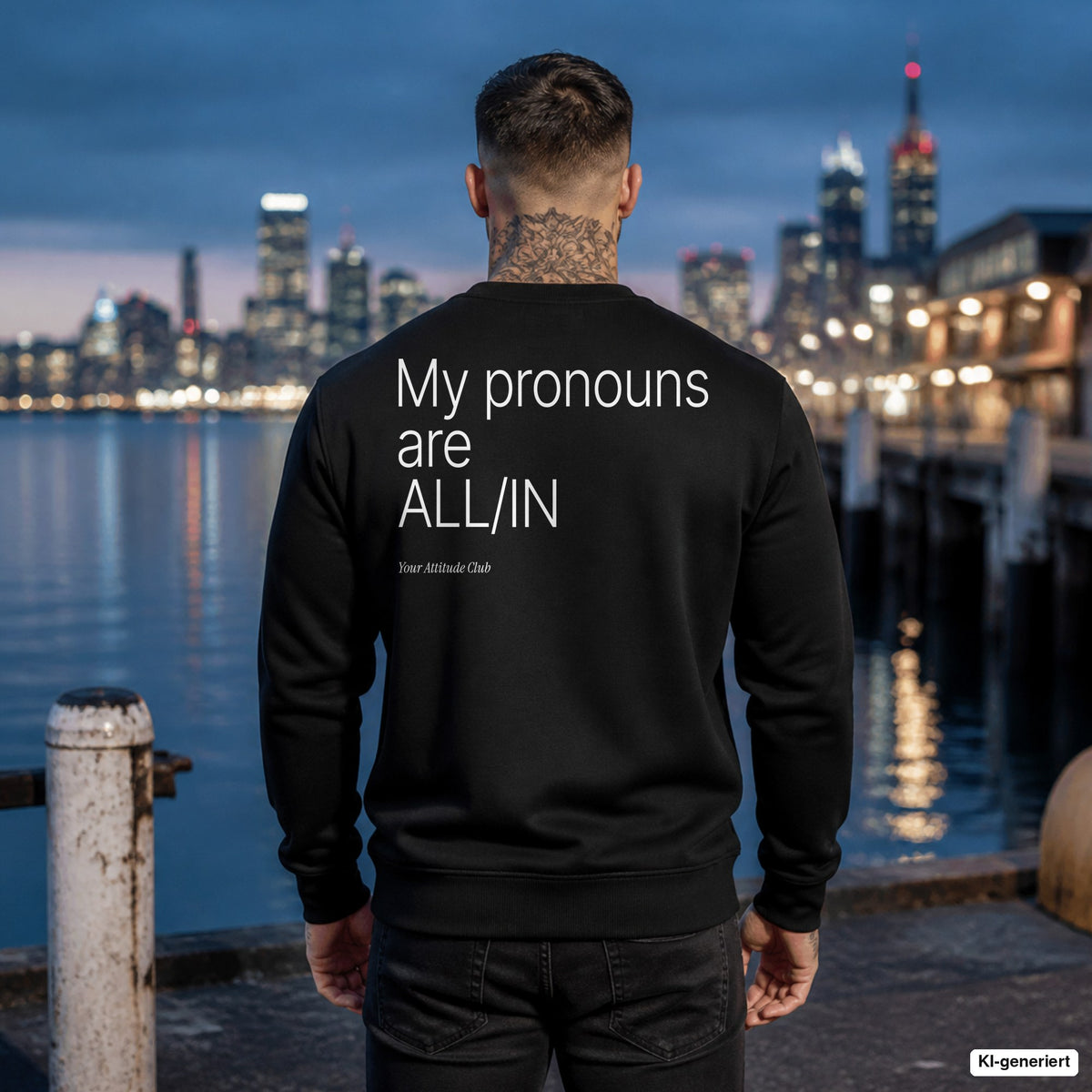 My pronouns are ALL-IN – schwarzer Pullover mit weißem Backprint, Herren am Hafen