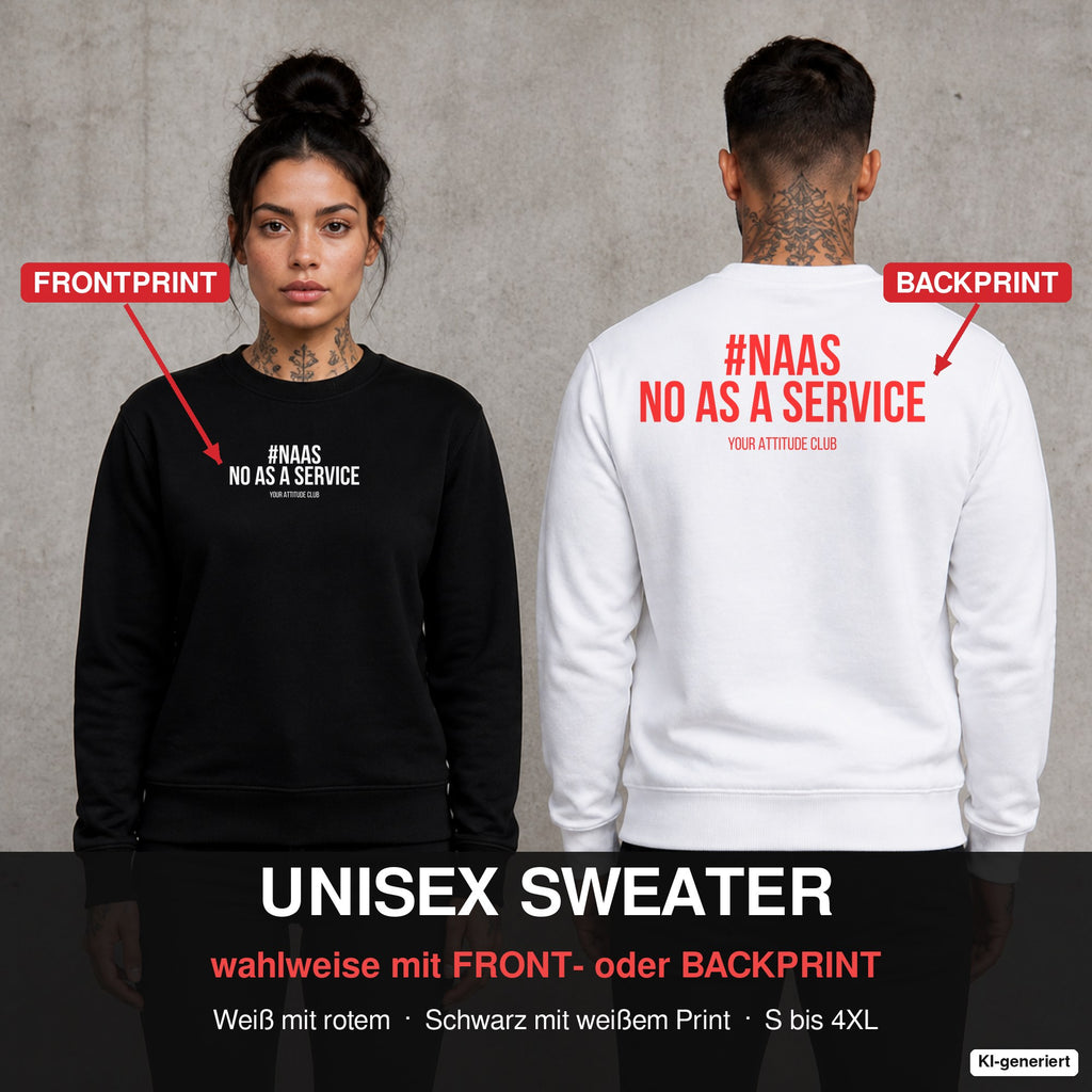 Naas – no as a service – Pullover wahlweise mit Front- oder Backprint, Paar vor Betonwand