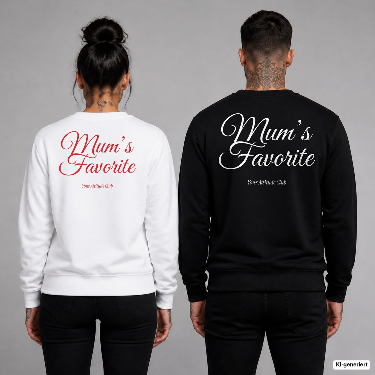 Mum’s favorite – Pullover mit Backprint, Frau in Weiß mit rotem und Mann in Schwarz mit weißem Aufdruck