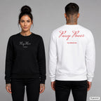 Pussy power – Pullover unisex mit Frontprint (Frau, Schwarz) und Backprint (Mann, Weiß)