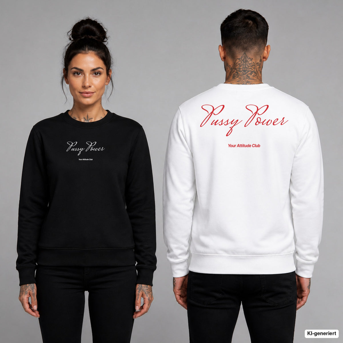 Pussy power – Pullover unisex mit Frontprint (Frau, Schwarz) und Backprint (Mann, Weiß)