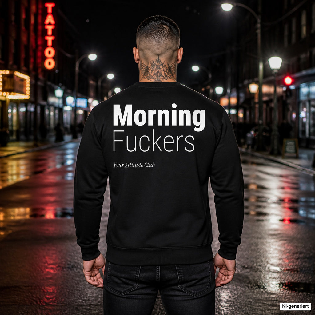 Morning fuckers – schwarzer Pullover mit weißem Backprint, Herren in der Stadt bei Nacht