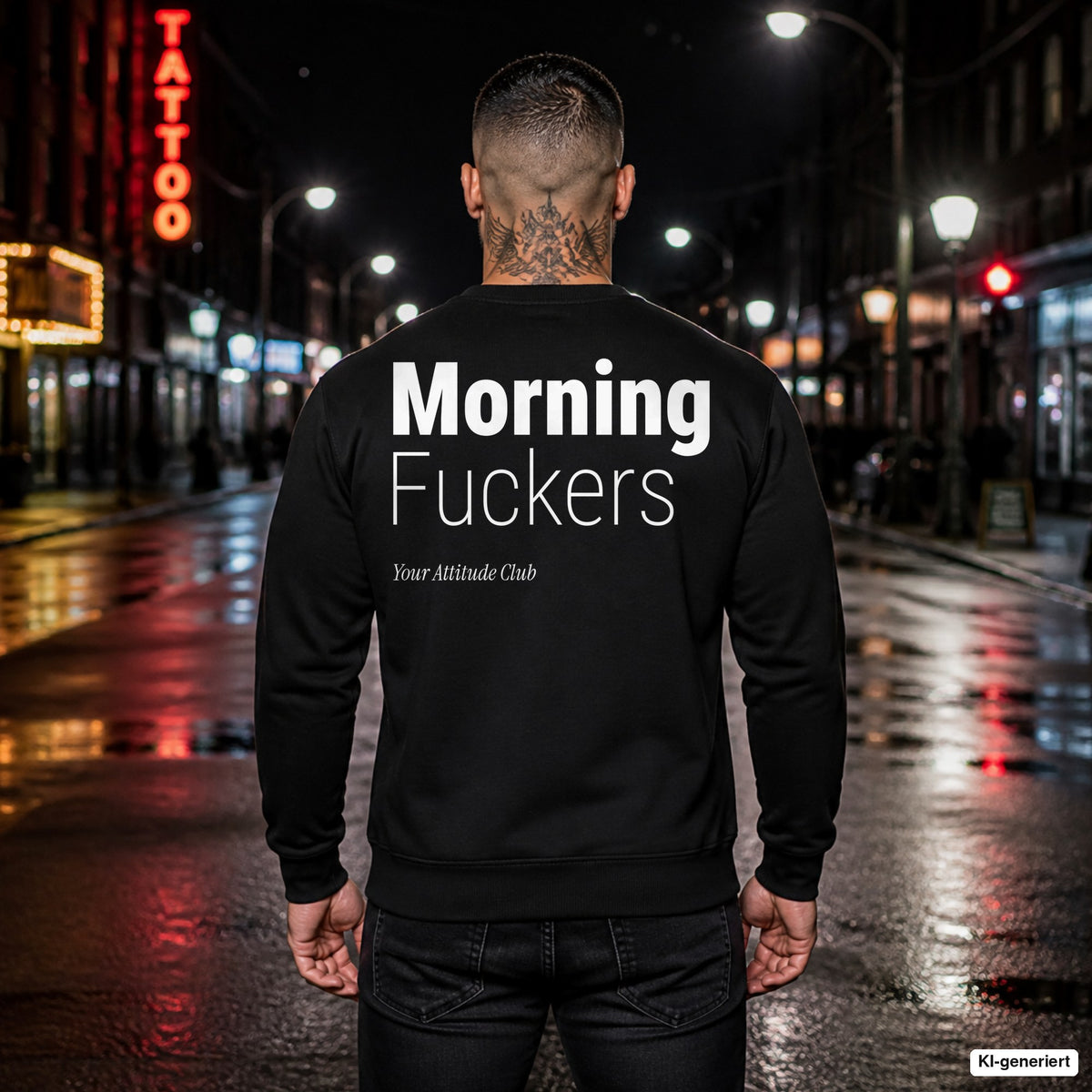Morning fuckers – schwarzer Pullover mit weißem Backprint, Herren in der Stadt bei Nacht