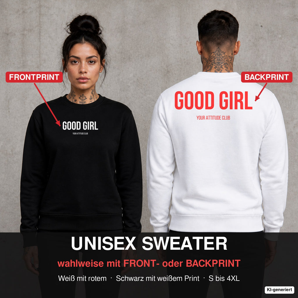 GOOD GIRL – Pullover wahlweise mit Front- oder Backprint, Paar vor Betonwand