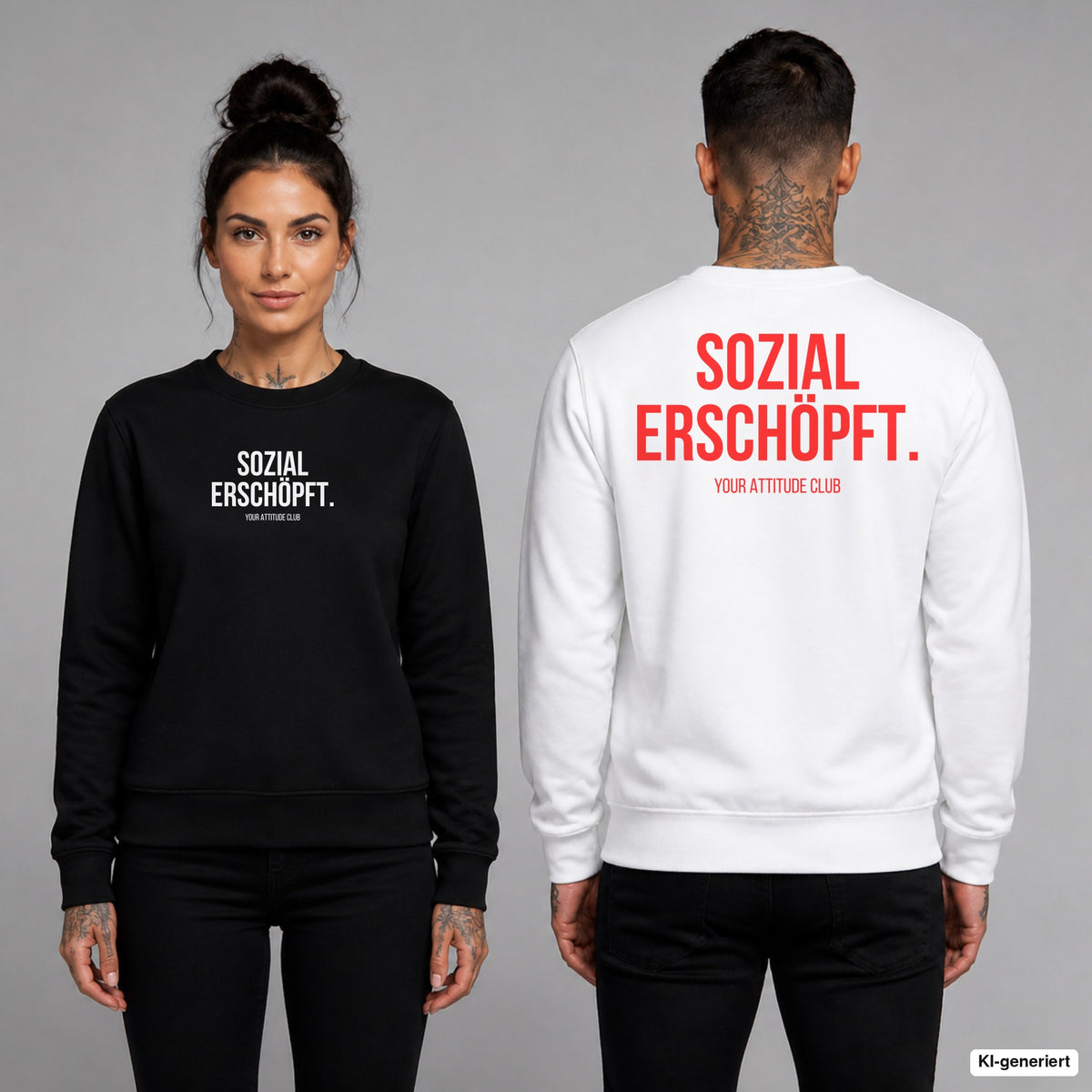 SOZIAL ERSCHÖPFT. – Pullover unisex mit Frontprint (Frau, Schwarz) und Backprint (Mann, Weiß)