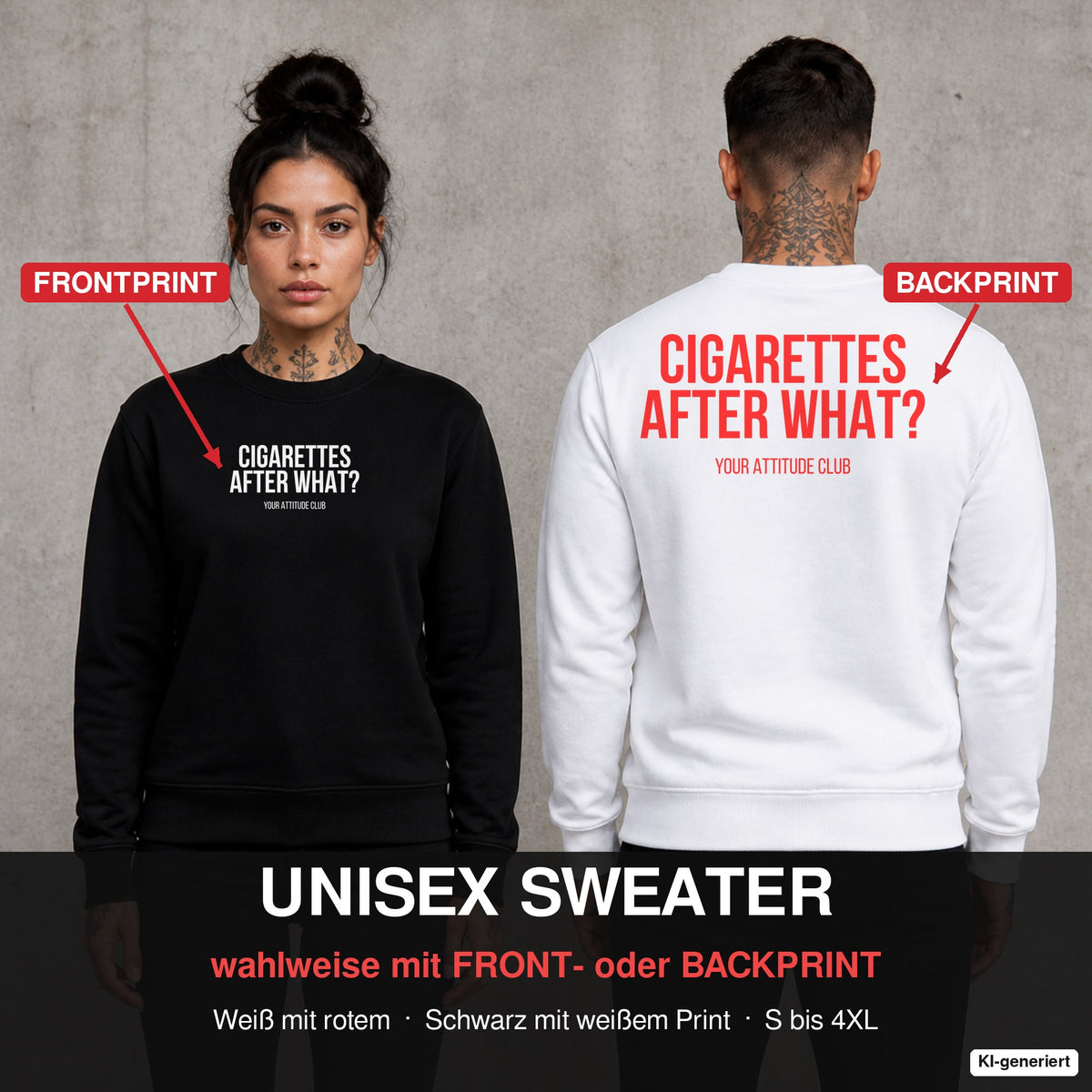 CIGARETTES AFTER WHAT? – Pullover wahlweise mit Front- oder Backprint, Paar vor Betonwand